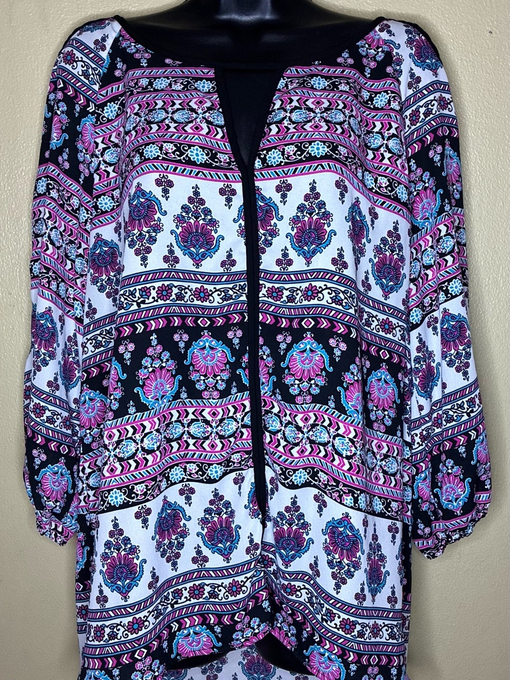 Signature Studio Black Floral Border Tunic with Pink & Blue Accents